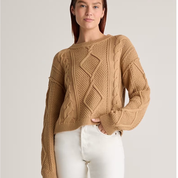 Quince Camel 100% Organic Cotton Cropped Cable Crew Sweater - Picture 1 of 4